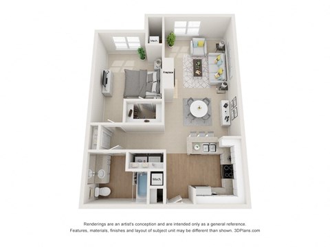 Floor plan for 1 bed, 1 bath, 859 sqft